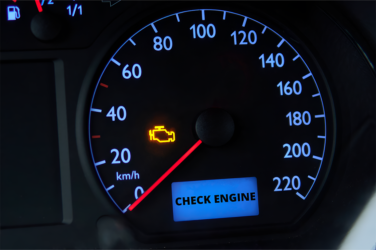 Close-up of a check engine warning light on a dashboard