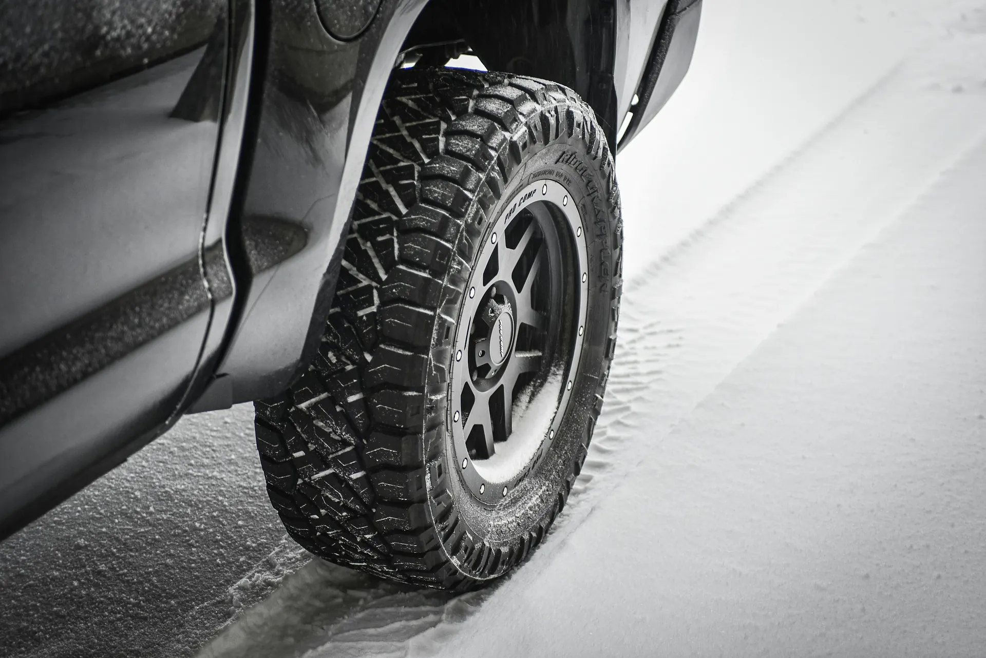 Truck tire on a snowy road